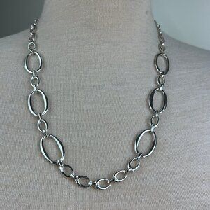 Crown Trifari Long Chain Necklace Wide Oval Link Silver Tone